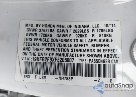 2015 Honda Civic Ex-L z USA, uszkodzony, nr VIN 19XFB2F9XFE205007